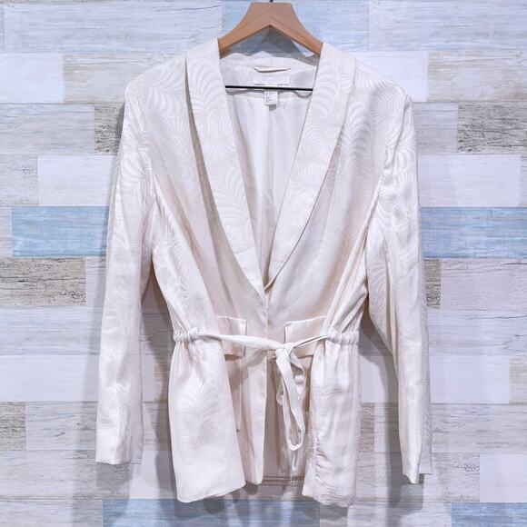 H&M Floral Jacquard Tie Waist Blazer Cream Lined Pockets One Button Womens US 12 - Picture 1 of 8